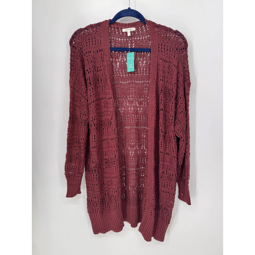 Maurices Cardigan Womens 1X Burgundy NWT Open Front Pointelle Crochet Knit